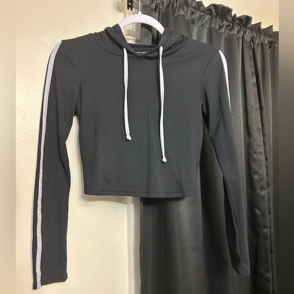 Black Cropped Hoodie with White Stripes